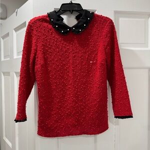 Elle Sequin and Red Pearl Textured Sweater with Black Collar